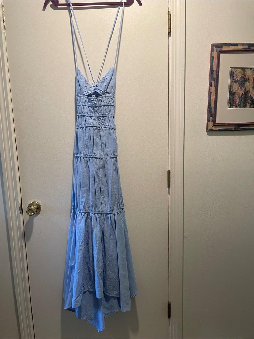 SNDYS. Tahlia Light Blue Spaghetti-Strap Maxi Dress with Tiered Layers
